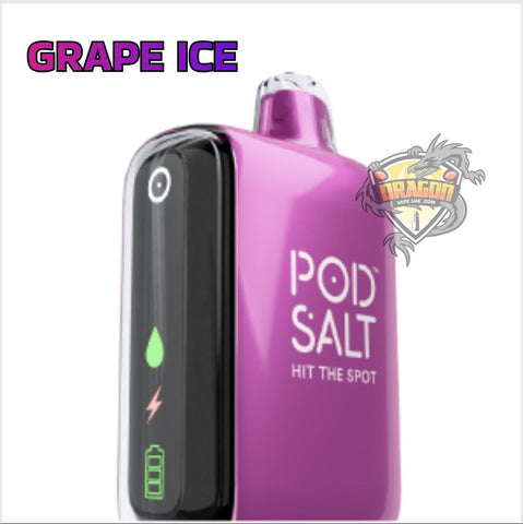 Purple vape device with 'POD SALT' branding and 'Grape Ice' flavor text on a white background.