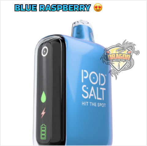 Blue Pod Salt vape device with 'Blue Raspberry' flavor text and Dragon Vape logo.