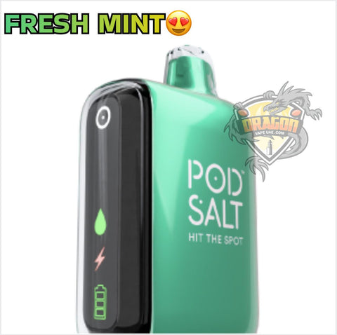 Green vape device with 'Pod Salt' branding and 'Fresh Mint' flavor text on a white background.