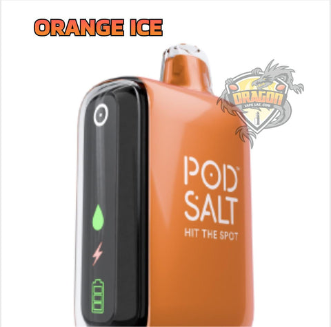 Orange vape device with 'POD SALT' branding and 'Orange Ice' flavor text on a white background.