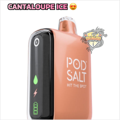 Vape device with 'POD SALT' branding and 'Cantaloupe Ice' flavor text on a white background.