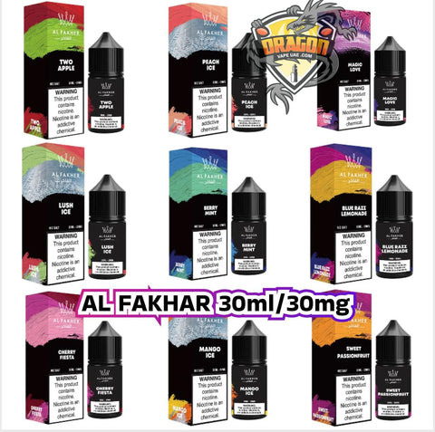 Assorted vape juice boxes and bottles with AL FAKHAR branding on a white background.