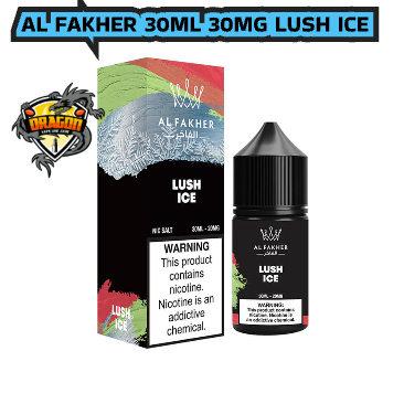 Al Fakher Lush Ice vape juice packaging with warning label on a white background/Al Fakher Lush Ice 30ml Saltnic Dubai/Al Fakher Lush Ice 30ml Saltnic Abu Dhabi/Al Fakher Lush Ice 30ml Saltnic Palm Jumeirah/