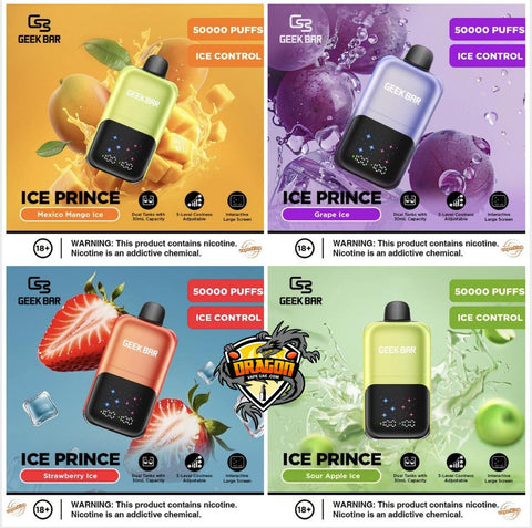 Four Geek Bar Ice Prince vape devices with different flavors on colorful backgrounds.
