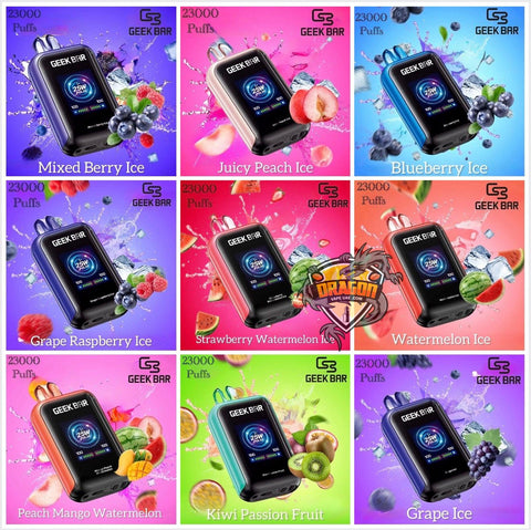 Collage of Geek Bar vape devices with different flavors and colors. Geek Bar 23k Puffs/ Geek bar 23k Puffs near me/ Geek bar 23k Puffs Dubai/Geek bar 23k Puffs Abu Dhbai/ Geek bar 23k Puffs Palm Jumeirah/ Geek bar 23k Puffs Al Barsah/ Geek bar 23k Puffs Damac Hills/ Geek bar 23k Puffs Al ain
