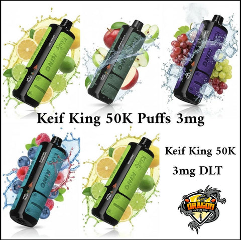 Five Keif King vape devices with colorful fruit graphics and branding on a white background.