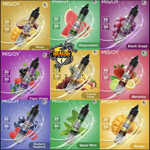 Grid of Misjoy e-liquid product packaging with various flavors and graphics.