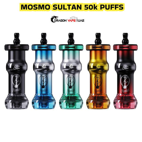 Five colorful vape devices with 'Mosmo Sultan 50k Puffs' branding on a white background.Mosmo Sultan 50000 Puffs