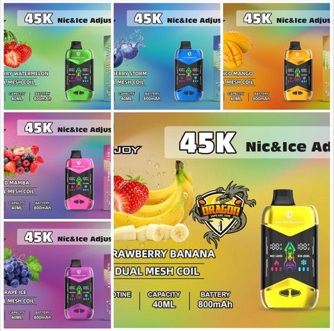 Collage of Hyperjoy 45000 puffs Nic&Ice vape device packaging with colorful designs and product details.