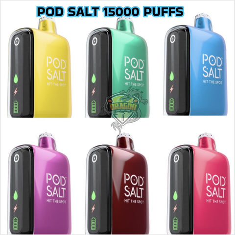 Pod Salt vape devices in various colors with a logo above them on a white background.