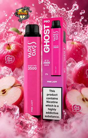 Pink vape pen and matching box for Vape Oak Ghost Pro 3500 in Pink Lady flavor, surrounded by sliced red apples and ice cubes. The packaging features a black warning label and a yellow Vape Oak logo.