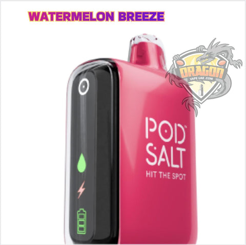 Pink and black vape device with 'POD SALT' branding and 'Watermelon Breeze' flavor text.Pod Salt Watermelon Breeze-15000 Puffs Dubai/ Pod Salt Watermelon Breeze-15000 Puffs near me/ Pod Salt Watermelon Breeze-15000 Puffs Downtown