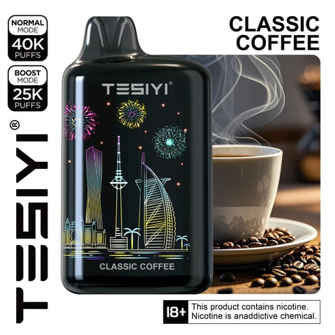 TESIYI vape device with city skyline design next to a cup of coffee and beans, featuring nicotine warning. Tesiyi 40k Puffs Classic Coffee , Tesiyi Vape Dubai,