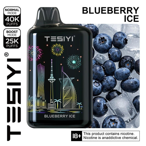 Tesiyi vape device with blueberry ice flavor packaging, featuring blueberries and ice cubes. Tesiyi Ultra Max 40000 puffs Blueberry Ice