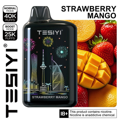 TESIYI vape device with strawberry mango flavor packaging featuring fruit images and nicotine warning.Tesiyi Ultra Max 40000 puffs Strawberry Mango, Palm jumerah, Downtown, business bay, Abu Dhabi, Al Ain