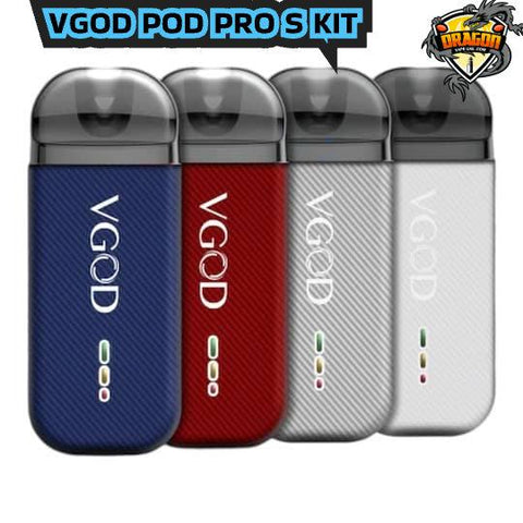 Four VGOD pod devices in blue, red, silver, and white on a white background with a brand logo at the top. VGOD KIT, Vgod Pod System Device, Vgod Near me,