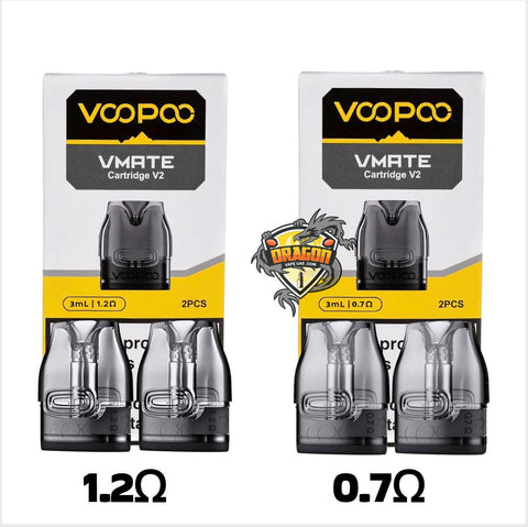 Two packages of VOOPOO VMATE Cartridge V2 with different resistance options on a white background./ VOOPOO Vmate V2 Empty Pod Cartridge in Dubai/ VOOPOO Vmate V2 Empty Pod Cartridge  Near me/ VOOPOO Vmate V2 Empty Pod Cartridge  Al Barsah/ VOOPOO Vmate V2 Empty Pod Cartridge Al ain/ VOOPOO Vmate V2 Empty Pod Cartridge  Abu Dhabi/ VOOPOO Vmate V2 Empty Pod Cartridge Downtown Dubai/ Voopoo/ Pod Cartridge/