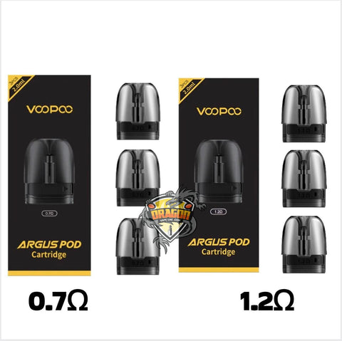 VOOPOO Argus Pod Cartridge packaging with two different resistance options on a white background.\ Voopoo Argus Pod Cartridge/ Voopoo Argus Pod Cartridge 0.7/ Voopoo Argus Pod Cartridge 0.4/ Voopoo Argus Pod Cartridge in Dubai/ Voopoo Argus Pod Cartridge Near Me/
