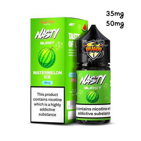 Nasty Burst Watermelon Ice vape juice packaging with nicotine warning label on a white background