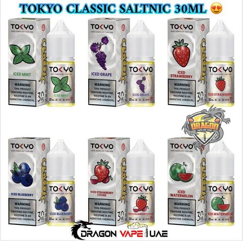 Various boxes and bottles of Tokyo Classic Salt Nicotine with different flavors on a white background.