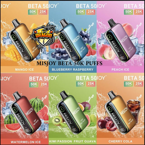 Misjoy Beta 50K puffs display with various flavors and colors.