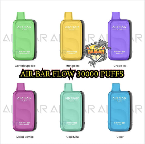 Six Air Bar Flow vape devices in different colors with flavor labels on a white background.