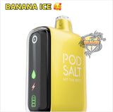 Yellow vape device with 'POD SALT' branding on a white background