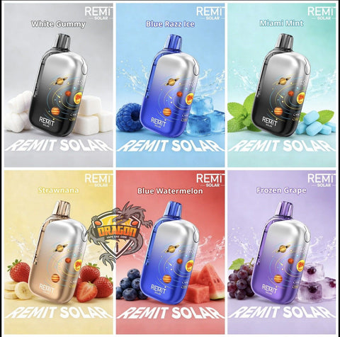 Grid of REMIT Solar vape devices with different flavors and designs.