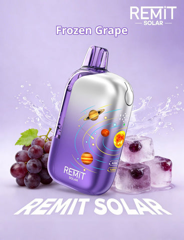 Purple REMIT Solar vape device with frozen grape flavor on a purple background