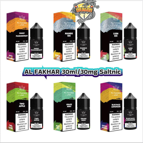 Al Fakhar vape juice packaging with various flavors on a white background