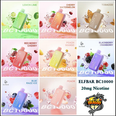 Collage of ELF BAR BC10000 vape juice bottles in various flavors with brand logo.