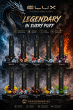 A promotional graphic for ELUX Legend disposable vape devices, showing multiple black vape units arranged in rows with labeled flavors such as Passion Fruit, Watermelon Ice, Blueberry, Grape Ice, Mango Passion Fruit, Watermelon Watermelon, Cherry Cola, Mango, and Mint. The background is dramatic, split between dark blue smoky imagery on the left and fiery orange smoke on the right, with a large dragon illustration at the top left.