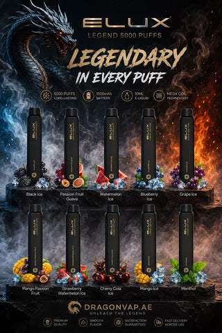 A promotional graphic for ELUX Legend disposable vape devices, showing multiple black vape units arranged in rows with labeled flavors such as Passion Fruit, Watermelon Ice, Blueberry, Grape Ice, Mango Passion Fruit, Watermelon Watermelon, Cherry Cola, Mango, and Mint. The background is dramatic, split between dark blue smoky imagery on the left and fiery orange smoke on the right, with a large dragon illustration at the top left.