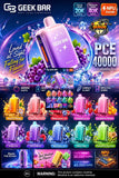 A promotional graphic for a Geek Bar vape device, featuring a large purple device in the center with grape imagery, multiple smaller device color variants arranged in rows, and several feature badges including 'PCE 40000 PUFFS', '20K PULSE', '40K REGULAR', and 'NPU inside'.
