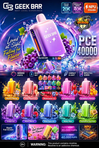 A promotional graphic for a Geek Bar vape device, featuring a large purple device in the center with grape imagery, multiple smaller device color variants arranged in rows, and several feature badges including 'PCE 40000 PUFFS', '20K PULSE', '40K REGULAR', and 'NPU inside'.