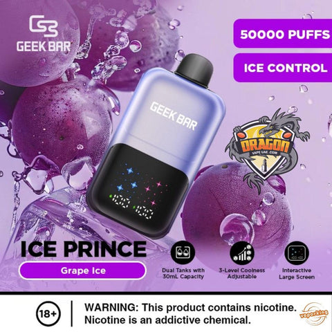 Geek Bar vape device with ice-themed design on a purple background