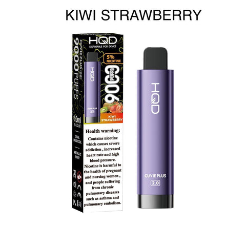 HQD Cuvie Plus 2.0 vape pen with packaging labeled 'Kiwi Strawberry' on a white background.