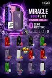 A promotional graphic for HQ09 Miracle disposable vape devices, showing the device and its packaging in purple, with flavor options and marketing text on a dark purple background.