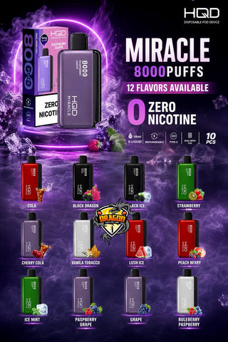 A promotional graphic for HQ09 Miracle disposable vape devices, showing the device and its packaging in purple, with flavor options and marketing text on a dark purple background.