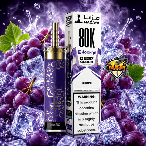 A purple and gold Deep Cloud 80K Hookah disposable vape device stands next to its white and purple retail box, surrounded by fresh purple grapes and ice cubes with a purple smoke background. A 'Dragon' brand sticker is visible on the right side.
