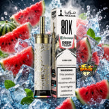 Mazaya 80K Deep Cloud Hookah disposable vape device and its packaging box, surrounded by fresh watermelon slices and ice cubes with a dynamic splash background.