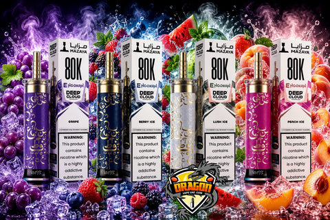 Four vape devices and their retail boxes arranged in a colorful promotional composition with fruit slices, ice, and purple smoke effects. The products are branded MaxZara and feature flavors Berry Ice, Deep Cloud, Lucky Ice, and Peach Ice, each in different colored packaging.