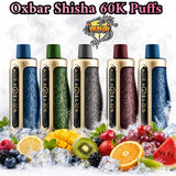 Six Oxbar Shisha 60K Puffs disposable vape devices lined up on ice with fresh fruits and berries. The image features a white background with a stylized graphic logo for 'Dragon Vapes' and the text 'Oxbar Shisha 60K Puffs' at the top.