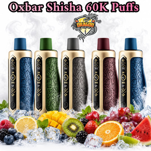 Six Oxbar Shisha 60K Puffs disposable vape devices lined up on ice with fresh fruits and berries. The image features a white background with a stylized graphic logo for 'Dragon Vapes' and the text 'Oxbar Shisha 60K Puffs' at the top.