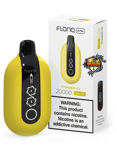 Yellow and black FLONQ Ultra vaping device with packaging on a white background