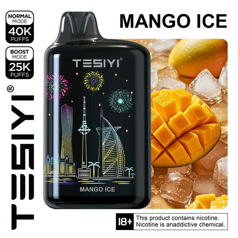 TESIYI vape device with 'Mango Ice' flavor and cityscape design, surrounded by mango slices and ice. Tesiyi Ultra Max 40000 puffs Mango Ice Dubai, Tesiyi Ultra Max 40000 puffs Mango Ice Al Barsha, Palm Jumeirah, Downtown, Business Bay, Al Ain, Motor City, 
