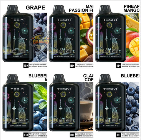 Collage of TESIYI vape devices with flavor labels and product images. #vapeshop #Tesiyivapedubai #tesiyi40kpuffs #DisposableVapeNearme #Tesiyivapenearme 
