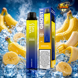 A disposable vape device and its retail box for the Vape O's Ghost Pro 3500 in Banana Ice flavor, set against a dynamic background of ice cubes, sliced bananas, and banana peels. The background also features a 'Dragon' brand logo in the top right corner.