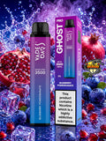 A disposable vape device and its retail box from Vape Bar, labeled 'Ghost Pro 3500' in Blueberry Pomegranate flavor, set against a highly stylized background of pomegranates, blueberries, ice cubes, and water splashes.