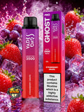 A Vape Bar Ghost Pro 3500 disposable vape device in Strawberry Grape flavor stands next to its retail packaging box. The device features a vibrant pink-to-red gradient body with a black mouthpiece.